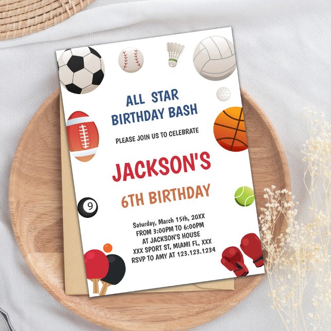 Invitation du parti sportif All-Star Boys éditable (White Background Sports Invitations)