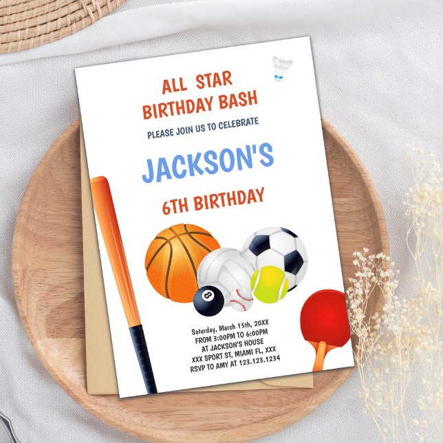 Invitation du parti sportif éditable pour les garç (All Star Sports Birthday Invitations)