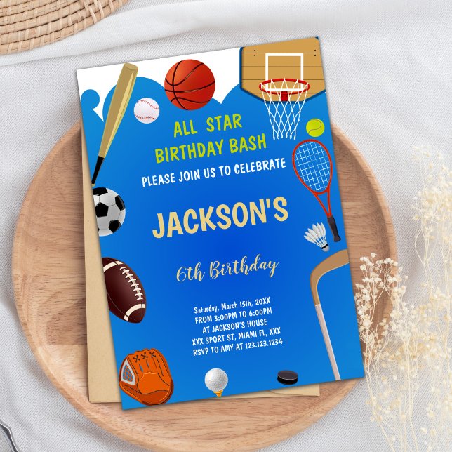 Invitation du parti sportif entièrement étoilé pou (Blue Background Sports Birthday Invitations)
