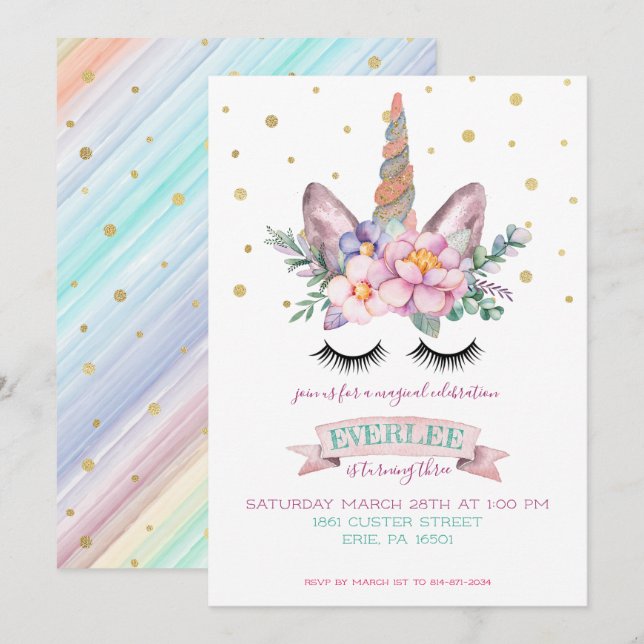 Invitation du Parti Unicorn | Gâteau de licorne (Devant / Derrière)