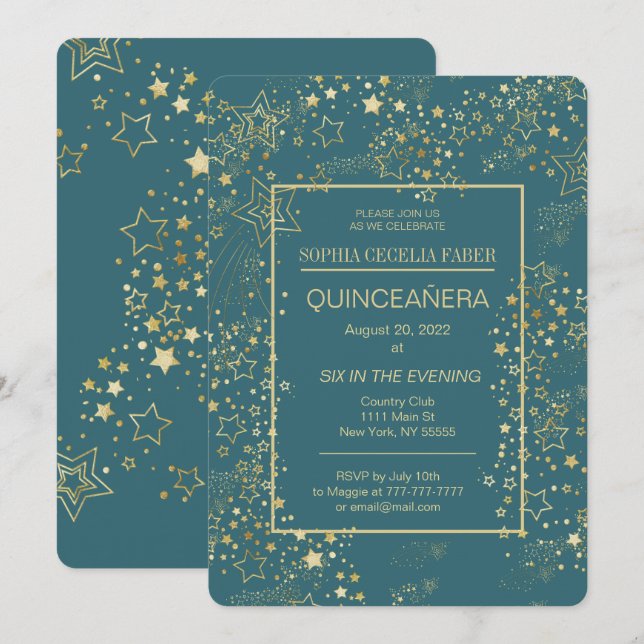 Invitation du Peacock Blue et Gold Quinceañera Par (Devant / Derrière)