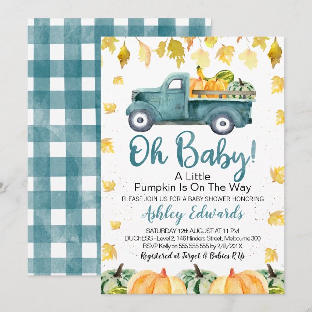 Invitation du petit Baby shower Citrouille du garç (Devant / Derrière)