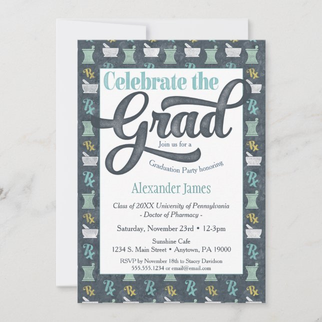 Invitation du pharmacien Graduist Party Grey Aqua (Devant)