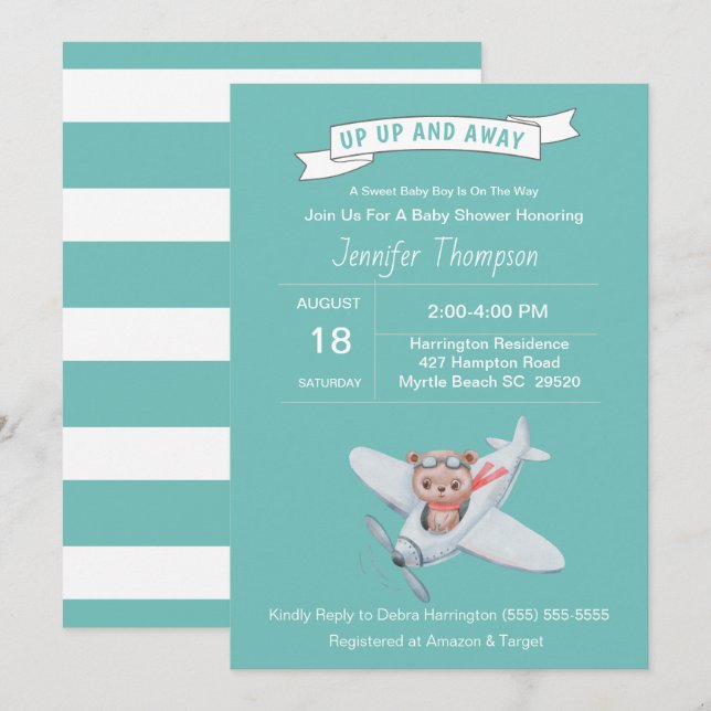 Invitation du pilote d'ours et du Baby shower d'av (Devant / Derrière)