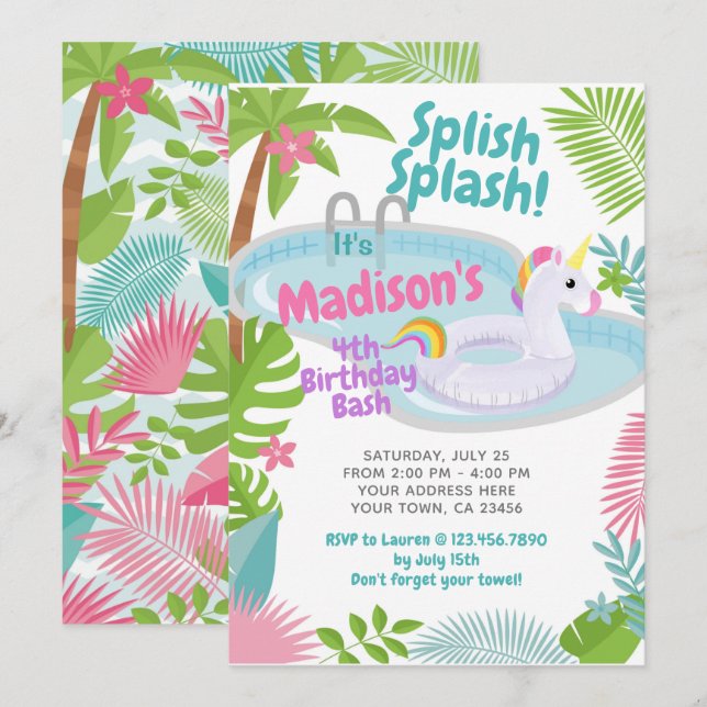 Invitation du Pool Party Unicorn vendredi (Devant / Derrière)
