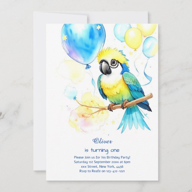 Invitation du premier anniversaire du perroquet (Devant)
