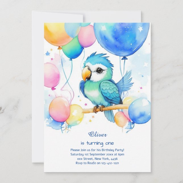 Invitation du premier anniversaire du perroquet (Devant)