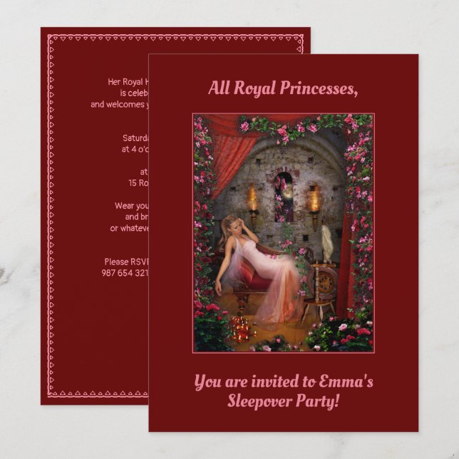 Invitation du Princess Sleepover Party (Devant / Derrière)