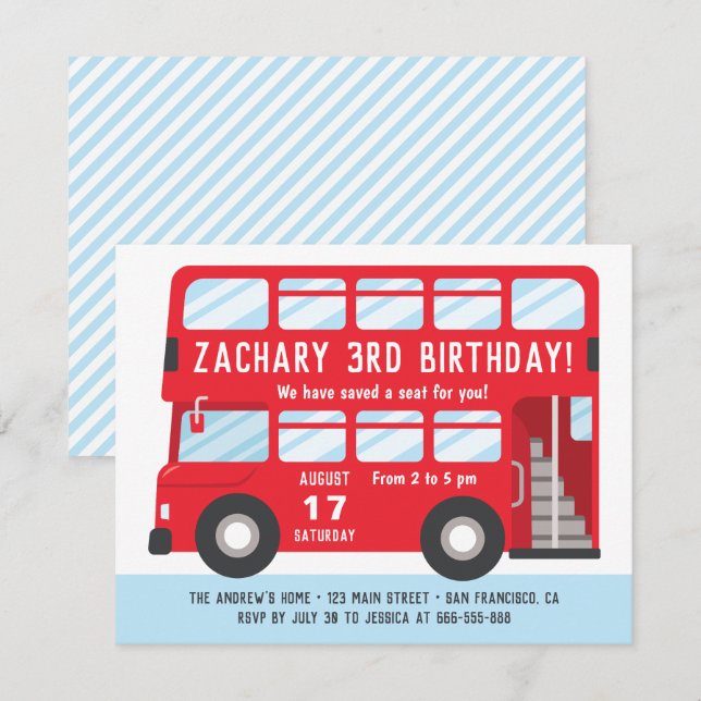 Invitation du Red London Bus Anniversaire de enfan (Devant / Derrière)