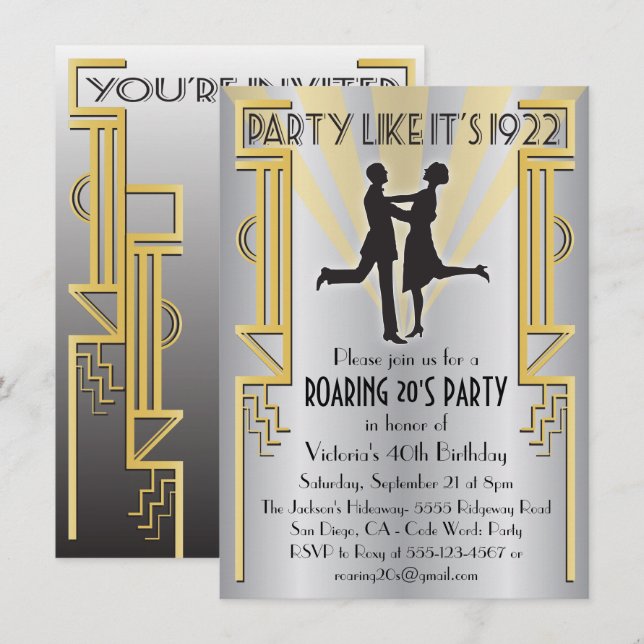 Invitation du Roaring 20's Art Déco Charleston Par (Devant / Derrière)