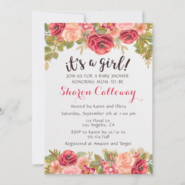 Invitation du Rose Baby shower Floral Fall (Devant)