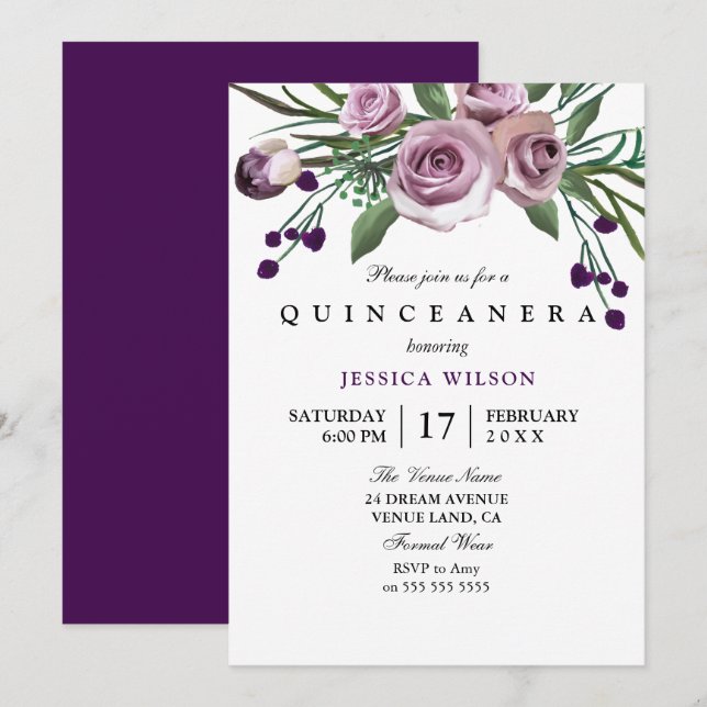 Invitation du Rose pourpre Quinceanera (Devant / Derrière)