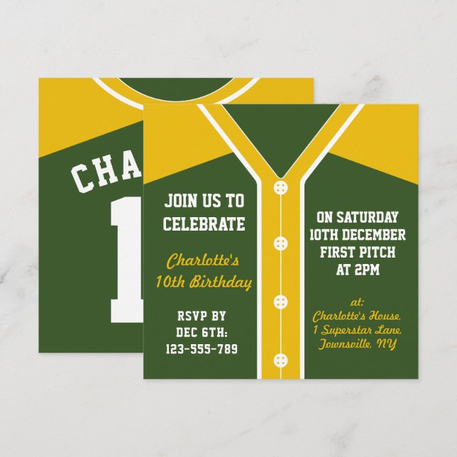 Invitation du Softball Jersey Theme Party (Devant / Derrière)