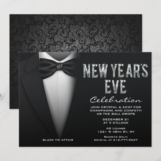 Invitation du soir du Nouvel An Bling Tuxedo (Devant / Derrière)