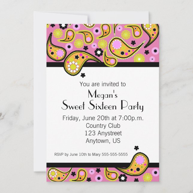 Invitation du Sweet sixteen Orange & Pink Paisley (Devant)