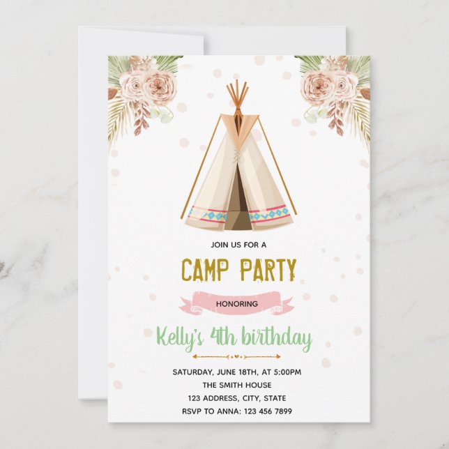 Invitation du thème du camping Boho (Devant)