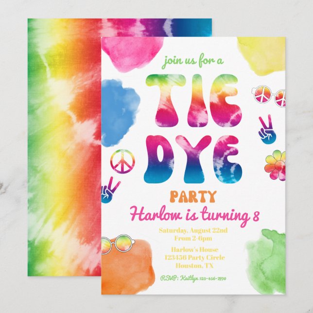 Invitation du Tie Dye Party | Anniversaire de Tie  (Devant / Derrière)
