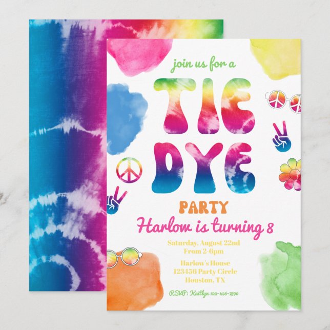 Invitation du Tie Dye Party | Anniversaire de Tie  (Devant / Derrière)