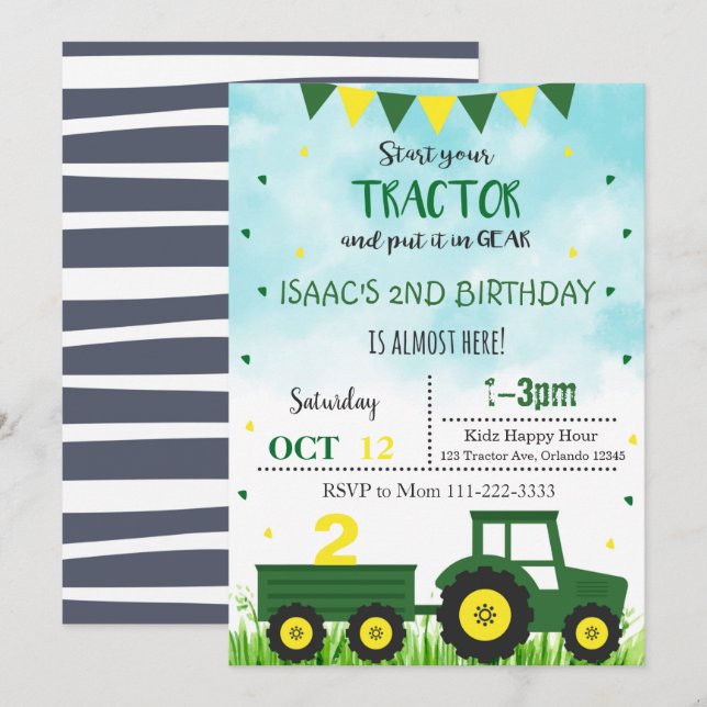 Invitation du tracteur, Invitation d'anniversaire  (Devant / Derrière)