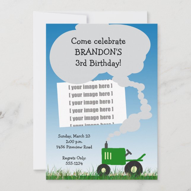 Invitation du Tractor Party : Tracteur vert, ajout (Devant)