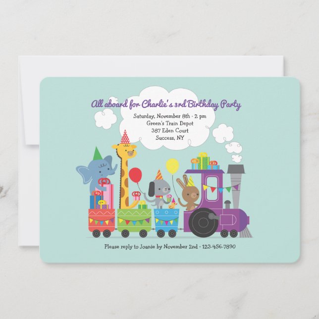 Invitation du train d'anniversaire animal (Devant)