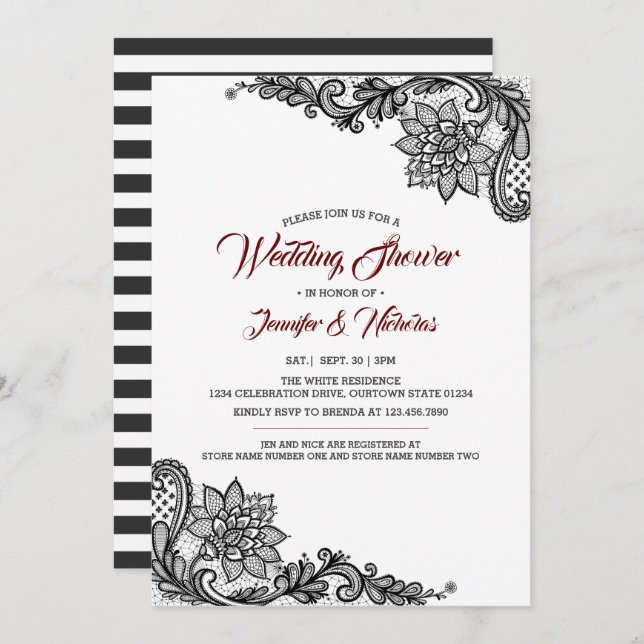 Invitation du Wedding shower de dentelle noire (Devant / Derrière)