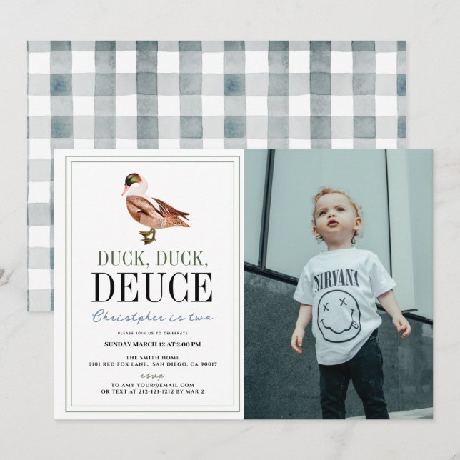 Invitation Duck Duck Deuce Classic Boy Photo 2e anniversaire (Devant / Derrière)