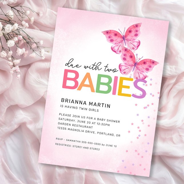 Invitation Due avec deux papillons roses Baby shower jumeaux (Créateur téléchargé)