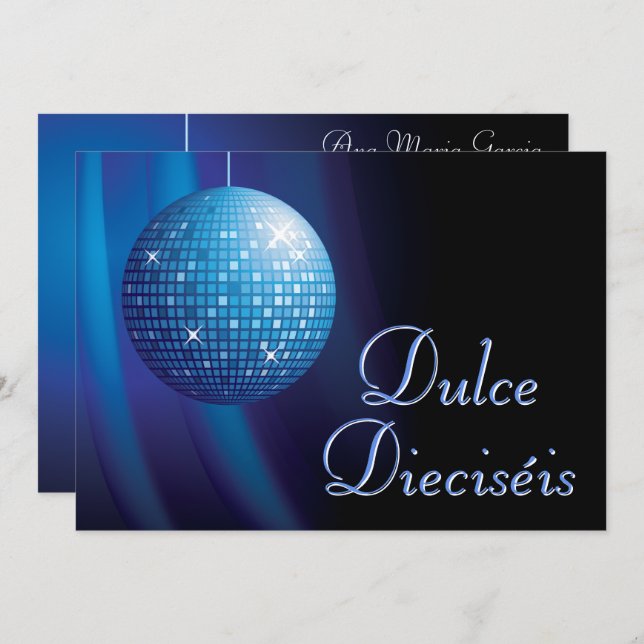 Invitation Dulce Dieciséis Disco Ball Azul Fiesta  (Devant / Derrière)