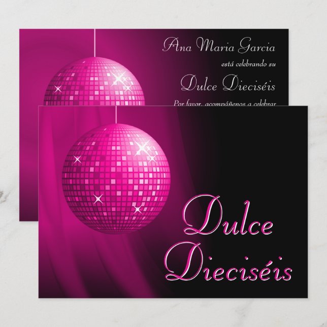 Invitation Dulce Dieciséis Disco Ball Rosa Fiesta  (Devant / Derrière)