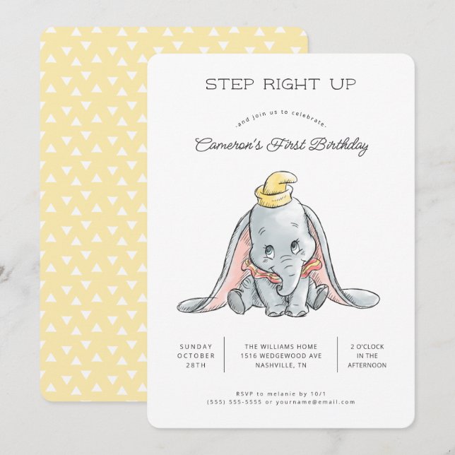 Invitation Dumbo Watercolor 1er anniversaire (Devant / Derrière)