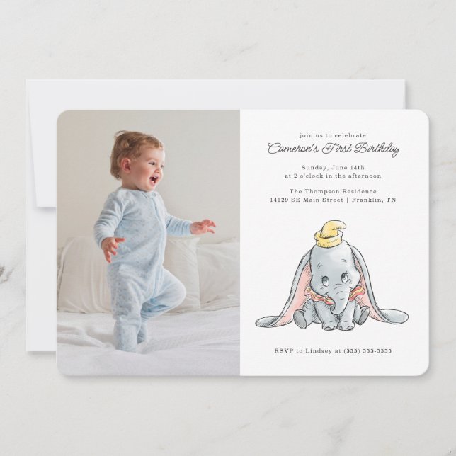Invitation Dumbo Watercolor 1er anniversaire (Devant)