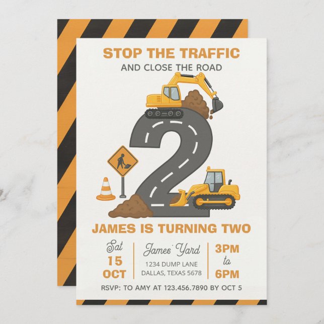 Invitation Dump Truck Construction 2nd Birthday (Devant / Derrière)