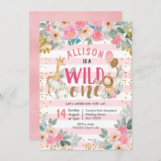 Invitation d'un anniversaire pour une fille safari (Devant / Derrière)