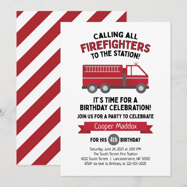 Invitation d'un camion-pompier pour un anniversair (Devant / Derrière)