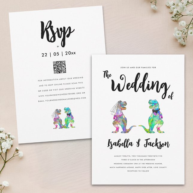 Invitation d'une mariée et d'une chambre de Dinosa (Fun dinosaur theme wedding qr code invitation with colorful T-Rex dino bride and groom)