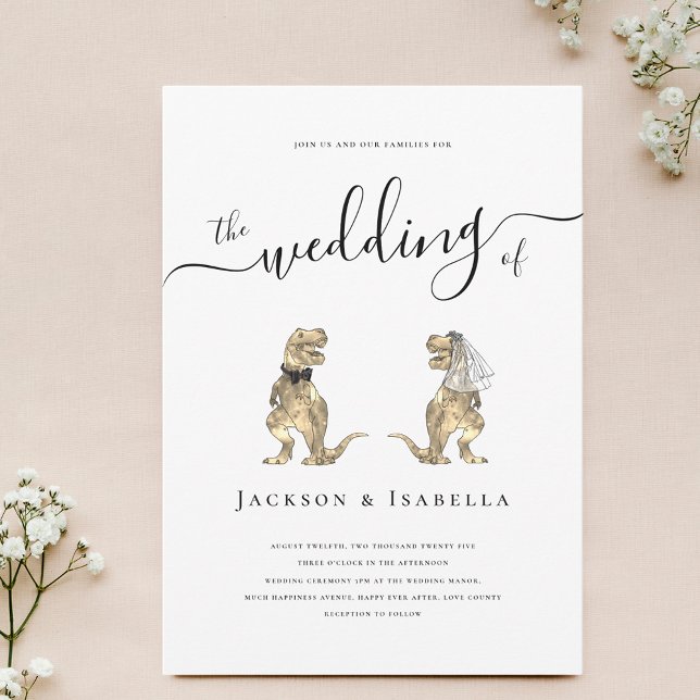 Invitation d'une mariée et d'une chambre de Dinosa (Fun Dinosaur theme wedding invitation T-Rex bride and groom elegant modern script minimalist design)