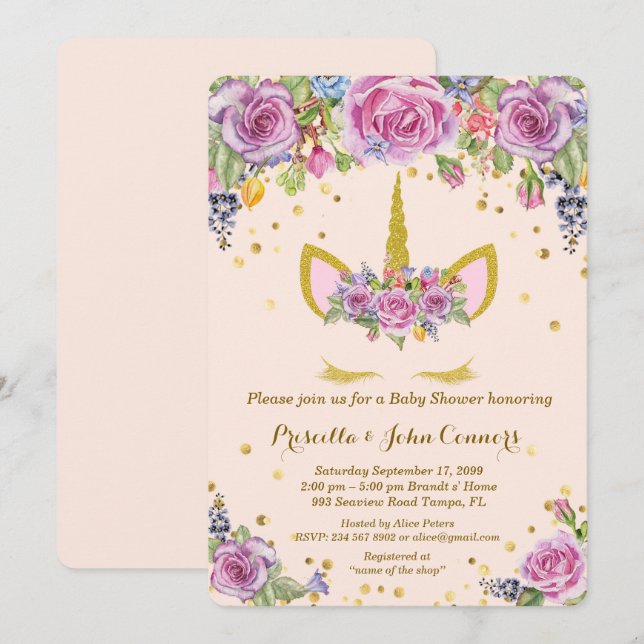 Invitation d'Unicorm de baby shower, rose, fleurs (Devant / Derrière)