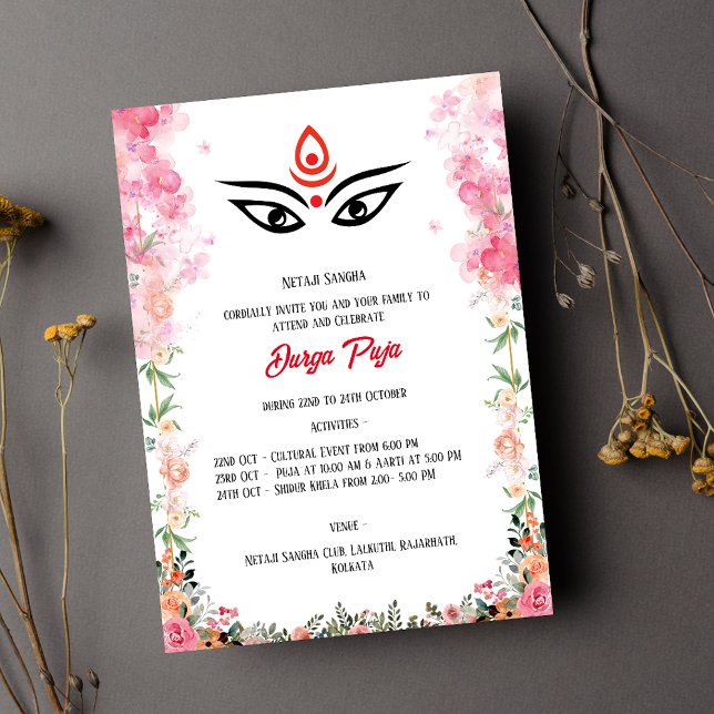 Invitation Durga Puja Navratri Bengali Floral (Créateur téléchargé)