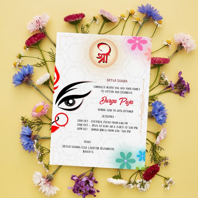 Invitation Durga Puja Navratri Bengali Floral (Créateur téléchargé)