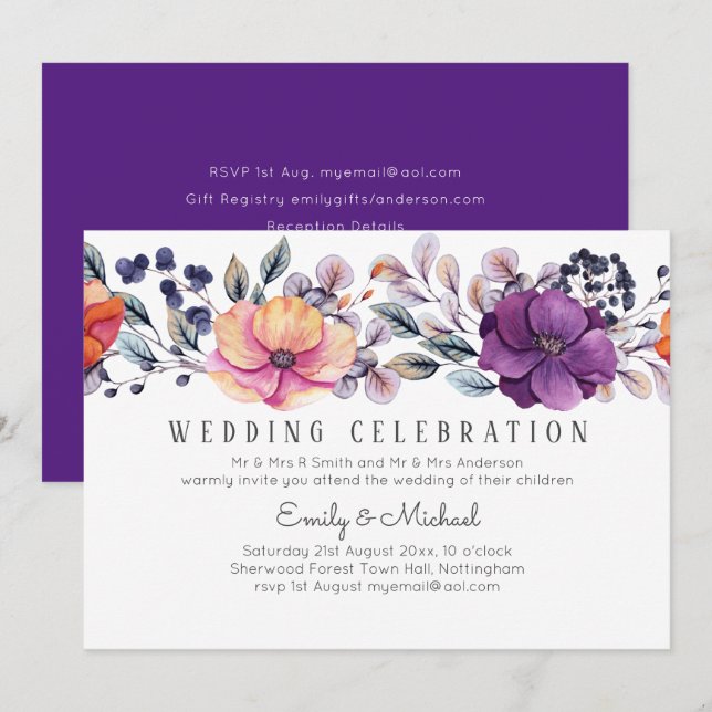 Invitation Dusk jusqu'à l'aube violet orange Mariage floral (Devant / Derrière)