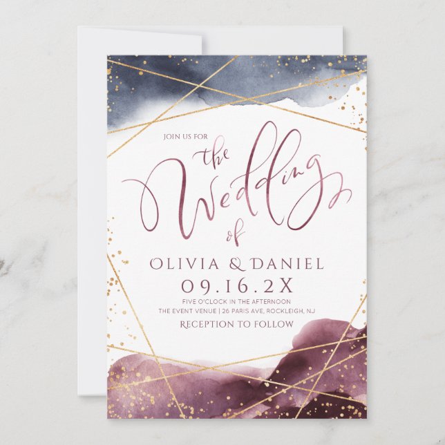 Invitation Dusk Watercolor mariage de calligraphie géométriqu (Devant)