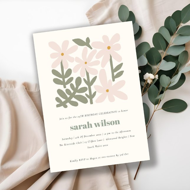 Invitation Dusky Blush Rétro Minimal Floral Anniversaire (Créateur téléchargé)