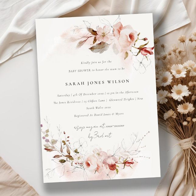 Invitation Dusky Fall Marsala Blush Floral Baby shower (Créateur téléchargé)