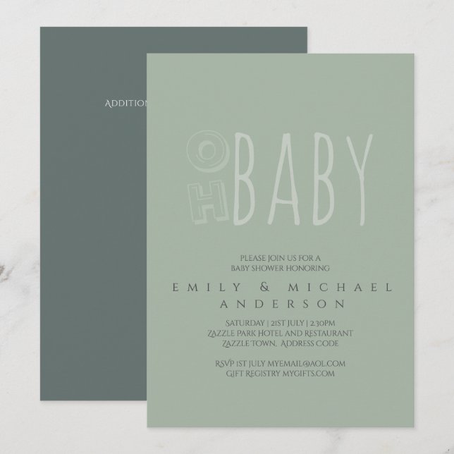 Invitation Dusky Green Typographie Baby shower moderne (Devant / Derrière)