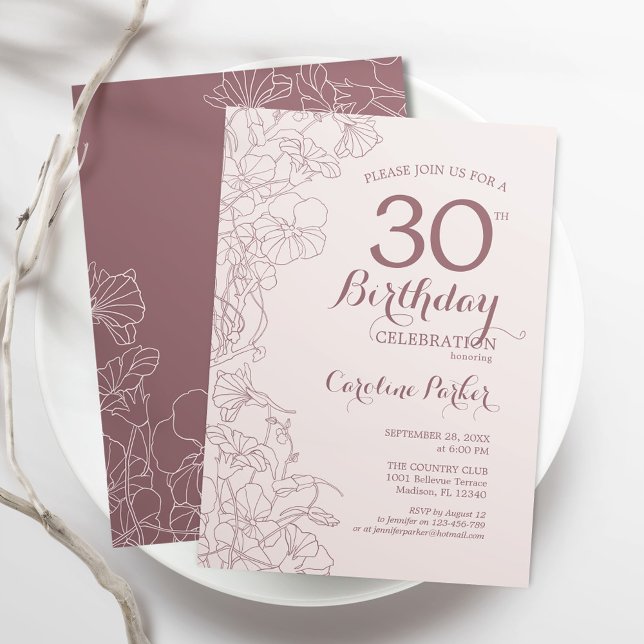 Invitation Dusky Pink Floral 30e fête d'anniversaire (Créateur téléchargé)