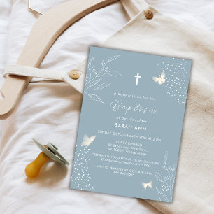 Invitation Dustry Blue Elegant Feuille Papillon Croix Baptême