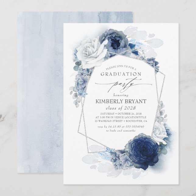 Invitation Dusty and Navy Blue Floral Silver Glitz Graduation (Devant / Derrière)
