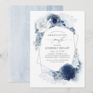 Invitation Dusty and Navy Blue Floral Silver Glitz Graduation