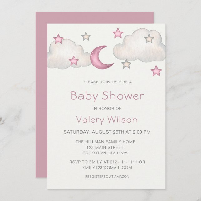Invitation Dusty Baby shower fille rose (Devant / Derrière)